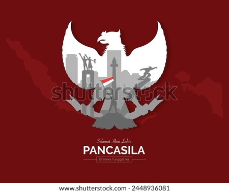 Pancasila Day Red Background With Indonesia Map, Landmark And Garuda