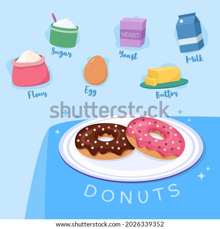 Illustration of ingredients donuts recipe include flour, sugar, egg, yeast, butter and milk vector design