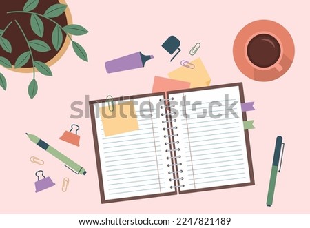 Flat design of open notebook on table with cup of coffee, books and stationary vector design