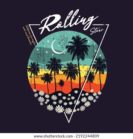 Rolling stone Palm tree sunset beach in California,  Circular gradient background. T shirt design element. Vector illustration, flat design,   Icon night on the beach with palm trees. Evening sunset 