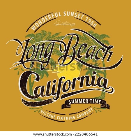 vintage summer graphics for long beach, Palms, beach, big waves and sun simple minimal illustration with Big Wave South Beach co. Miami, Florida slogan print design 