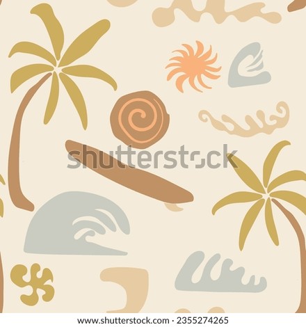 palm tree, sun, waves, surfboard, Skye tone down pattern, Beach simple boho seamless pattern. Palm tree, ocean waves vector repeat texture. Hand drawn Doodles tropical summer background. Modern textil