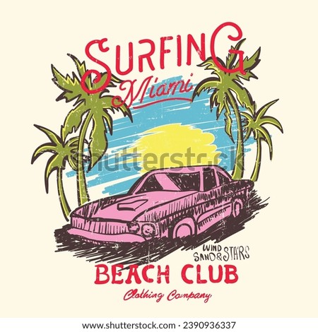 surfing beach paradise with surf car, Summer wave surf illustration with palm trees for t shirt, sweatshirt and other uses.  hand drawn and clean vector surf designs.