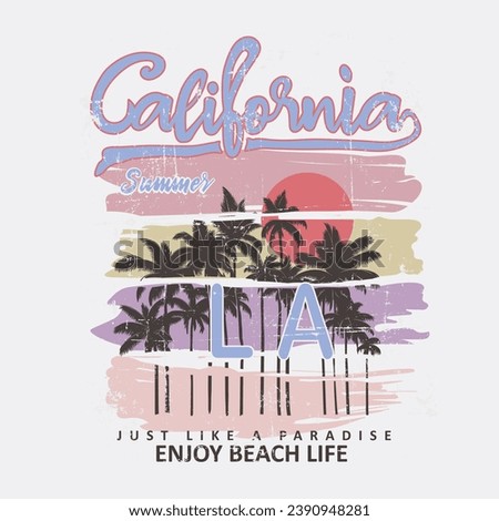 Brush stripe with California summer LA loss angels slogan palm tree and sun vector graphic tee beach vibes