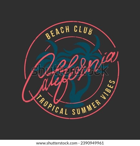 California Tropical Summer Vibes Slogan Text Print, Commercial round stamp type beach prints, palm tree beach, vintage retro graphic tee
