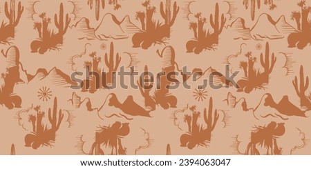 Vector Desert Pattern, seamless vector floral summer tropical pattern background with cactuses, mountain, sun, surface textures, textile. Isolated on off-white background