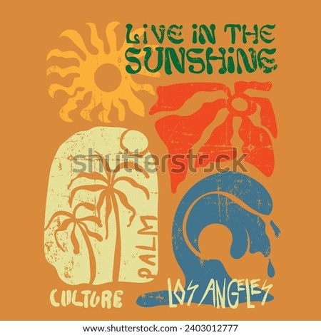 Summer print design elements for wave, palm tree, sun and live in the sunshine slogan typography text print