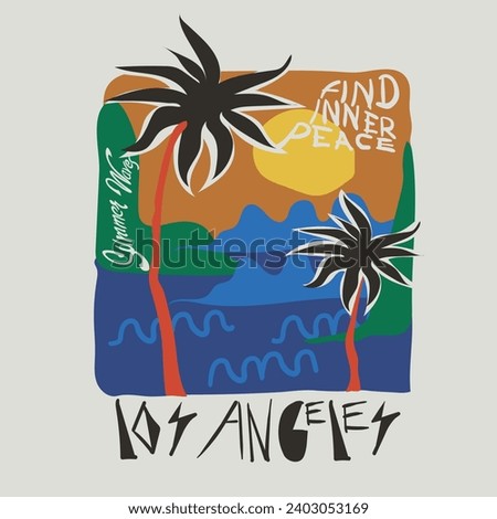Han drawn Summer Palm tree beach with sun art illustration, Nature Outdoor print design for holiday vacation theme, loss Angeles Ocean paradise t-shirt, sweatshirt print for -vector