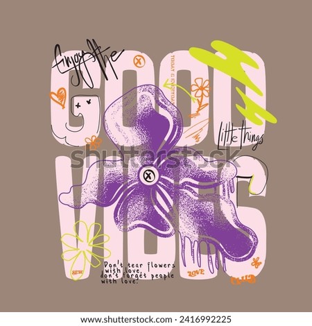 Graffiti text print neon design, Slogan Good Vibes Print . Vector illustration,  graffiti slogan print with spray effect for graphic tee t shirt or sweatshirt - Vector