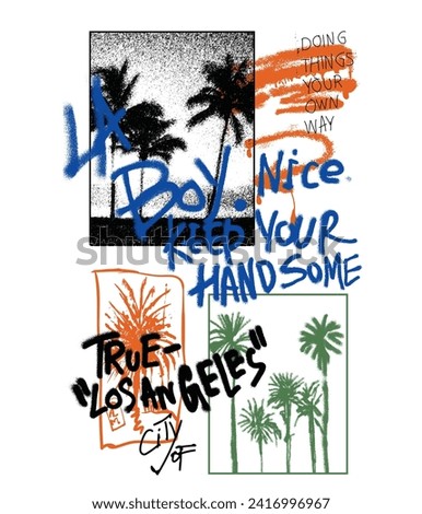 Graffiti text print and palm tree summer beach print , graffiti art of los angels,  graffiti slogan print with spray effect for graphic tee t shirt or sweatshirt - Vector