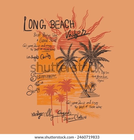 Summer hand drawn print, sunset or sunrise tropical palm beach, long beach slogan text print , Summer vintage graphic print design. Beach vibes with board print design. Hand sketch beach vector design