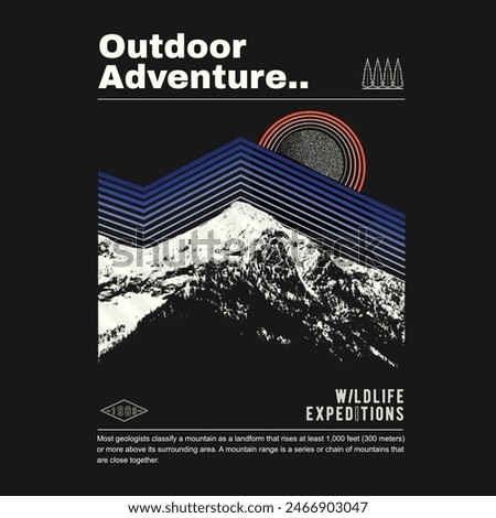 Retro stripe Mountain line outdoor adventure print, wildlife expeditions typography slogan print, vector mountain with sunset and river, mountain graphic artwork for t shirt and others. the great out