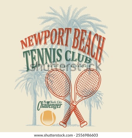 Summer Tennis Club. tennis print design. summer print design. Newport beach. palm tree beach. tropical palm beach. vintage retro artwork