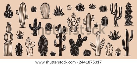 Cute western cactus doodle set, hand drawn vector collection