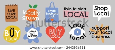 Small business club. Buy local, shop small and support local businesses. Set of hand drawn vector illustrations 