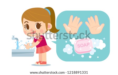 Vector cute girl washing hands with soap and hands icon