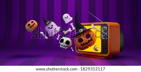 3D rendering illustration concept of ghost, pumpkin head, skulls coming out of retro style television on purple stripes background, Halloween Foto stock © 