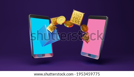 3D render illustration of golden coins, and NFT, Crypto currency coins, into wallet on smartphone, online payment, transaction concept