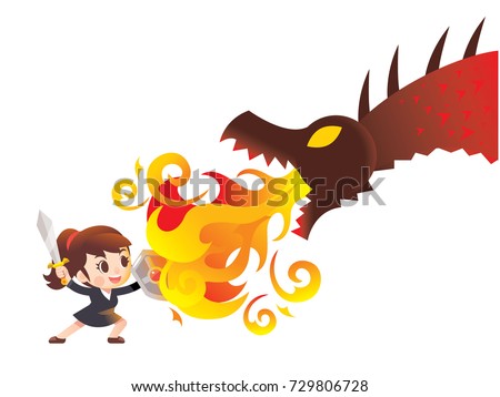 Vector cute business woman character raising sword and holding shield fighting with giant dragon, monster isolated on white background.
