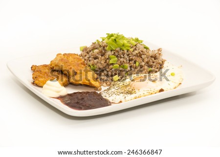 breakfast with boiled buckwheat, chicken chop, omelet, white and sour plum sauce