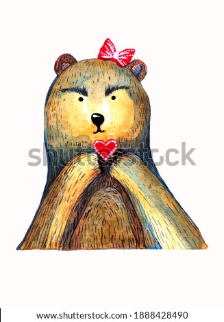 Valentine's Day teddy bear woman with heart watercolor illustration isolated on white background.Background for printing a brochure, poster, party, vintage textile design, postcard, fabric, wallpaper 