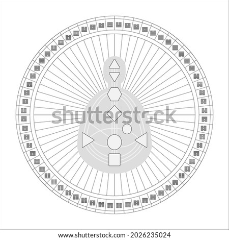 Mandala human design with bodygraph, hexagrams i ching. For presentation, educational materials. Black and white vector  illustration