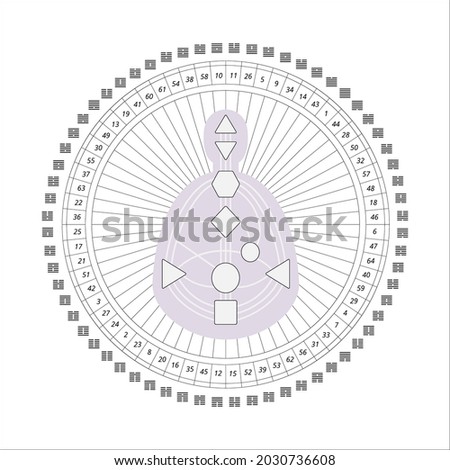 Mandala human design with bodygraph, hexagrams i ching, gates numbers For presentation, educational materials. Vector  illustration