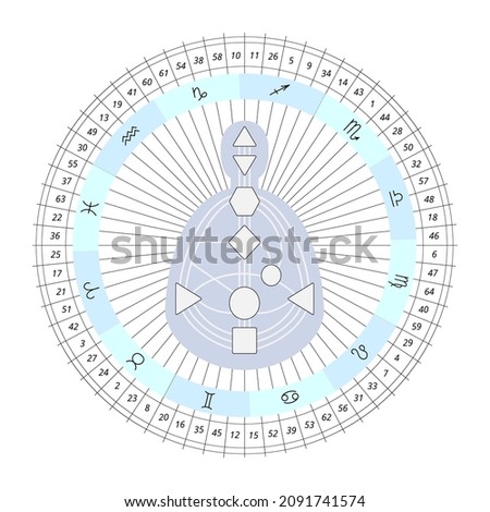 Mandala human design with bodygraph, zodiac signs, gates numbers. For presentation, educational materials. Blue, black and white vector illustration