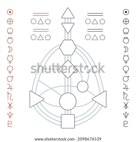Human design bodygraph template vector illustration with channels, gates, centers, planet signs. For filling personal data, for education and practical use. 