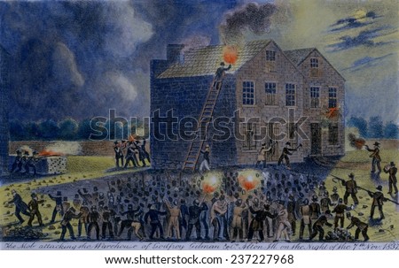A Pro-slavery mob burning down the building housing the newspaper of abolitionist Elijah Parish Lovejoy (1802- 1837) on November 7 1837 During the violent riot.