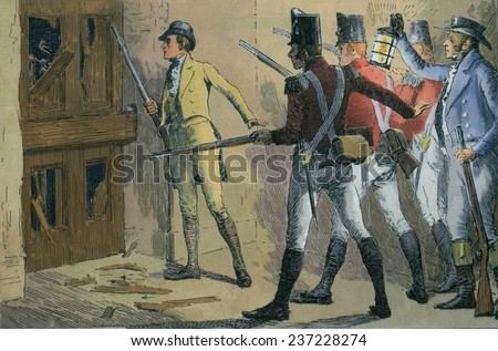 Luddites breaking down the door of a textile factory in England defended by its owners and troops Between 1811-1816 Engraving with modern watercolor.