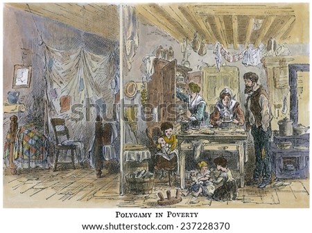 Polygamy in Poverty The small two room home shared by two wives and three children of a Mormon husband, Late 19th century illustration with modern color water.