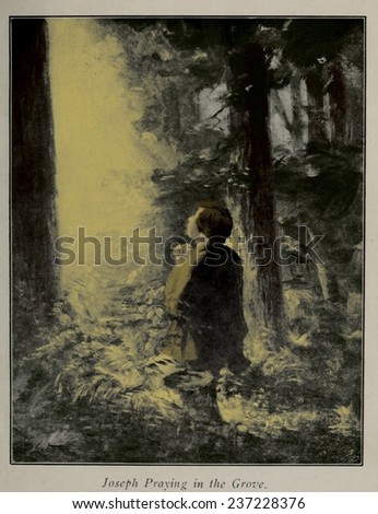 Joseph Smith praying in the Grove. While praying he saw a bright light enveloping God the Father and Jesus Christ.