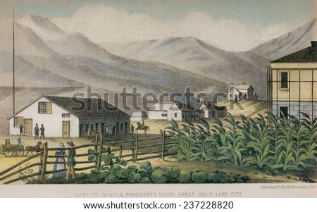 Salt Lake City scene in 1849-50 as depicted in the Army Survey of the lands around the new Mormon settlement Buildings from left are the Latter Day Saints meeting house.