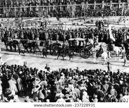 Reza Shah Pahlavi's coronation procession on May 22 1926, military commander who lead a successful coup in 1921 and then in 1925 overthrew the Qajar monarchy of Ahmad Shah Qajar.