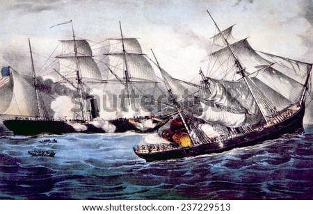 The Union Sloop of War Kearsarge sinking the Confederate ship Alabama, June 19, 1864, lithograph by Currier & Ives, 1864.