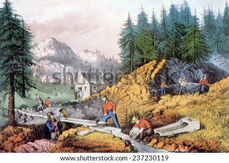 The Gold Rush, gold mining in California, ca. 1849, lithograph by Currier & Ives, 1871.