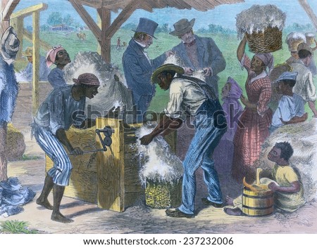African American slaves using a cotton gin. Wood engraving after a drawing by William L. Sheppard from HARPER\'S WEEKLY 1869 with modern watercolor.