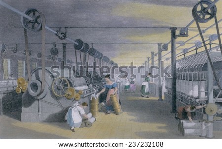 Machines making cotton thread by performing mechanical versions of carding drawing and roving in a mill in Lancashire England ca 1835 Engraving with modern watercolor.