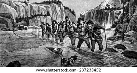 The Gold Rush, prospectors on their way to the Klondike, engraving 1898.