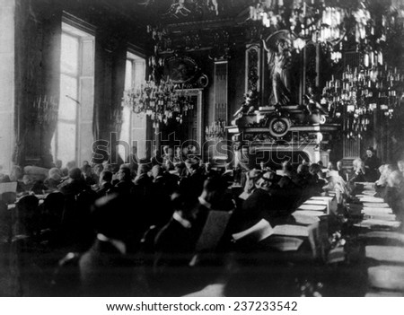Paris Peace Conference, to negotiate post World War I peace treaties at the Quai D\'Orsay, Paris, Raymond Poincare, President of France, top left, Official U.S. Signal Corps photo, January 18, 1919.