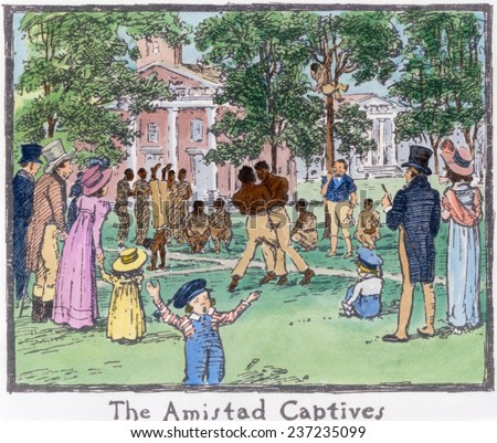 The Amistad Mutiny survivors exercising on the New Haven town green. During their successful revolt on the slave ship AMISTAD they killed crew members and were on trial for murder in New Haven.