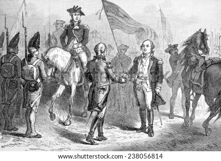 The Battle of Yorktown, American General Benjamin Lincoln receives General Cornwallis\' sword from British General Charles O\'Hara, October 17, 178 1