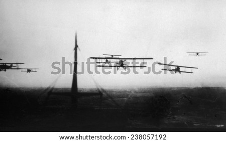 World War I, a group of American fighter planes in battle formation, U.S. Signal Corps photograph, ca. 1918
