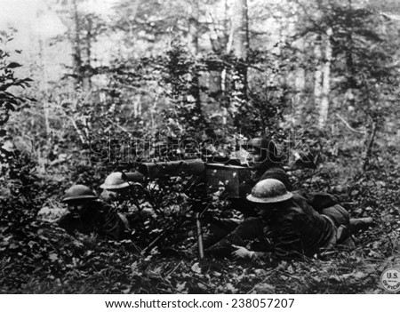 World War I, American machine gunners of the 80th Division using a Browning heavy machine gun, U.S. Signal Corps photograph, 1918