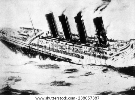 World War I, the Lusitania sinking off the coast of Ireland after being torpedoed by a German U-boat, May 7, 1915