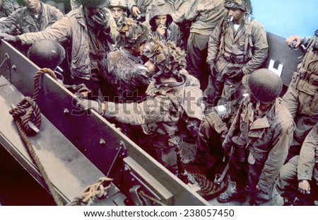 World War II, Troops in a landing craft during the Battle of Normandy, 1944,