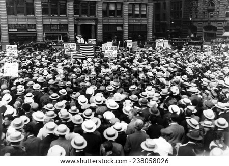 Thousands of union members attending a one hour protest strike and meeting in Union Square prior to violence erupting New York City July 16