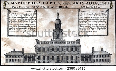 A perspective view of the State-House in Philadelphia. A view of Independence Hall in Philadelphia in 1752, taken from a map.