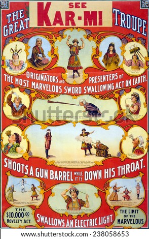 Poster for stage and magic show, \'The Great Kar-Mi Troupe originators and presenters of the most marvelous sword swallowing act on earth.\', ca early 1900s.